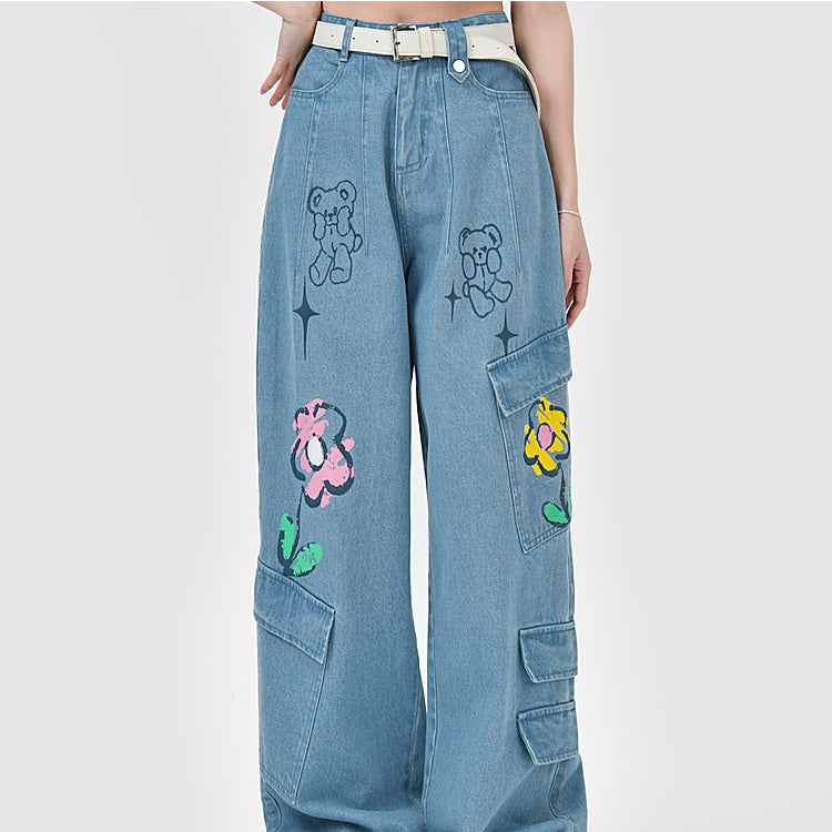 Y2K Style Denim Baggy Blue Bear Pants ON625