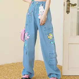 Y2K Style Denim Baggy Blue Bear Pants ON625