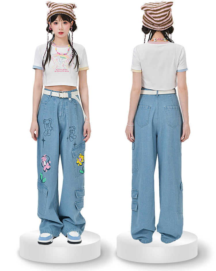 Y2K Style Denim Baggy Blue Bear Pants ON625