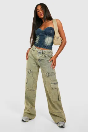 Yellow Tint Wide Leg Denim Cargo Jeans