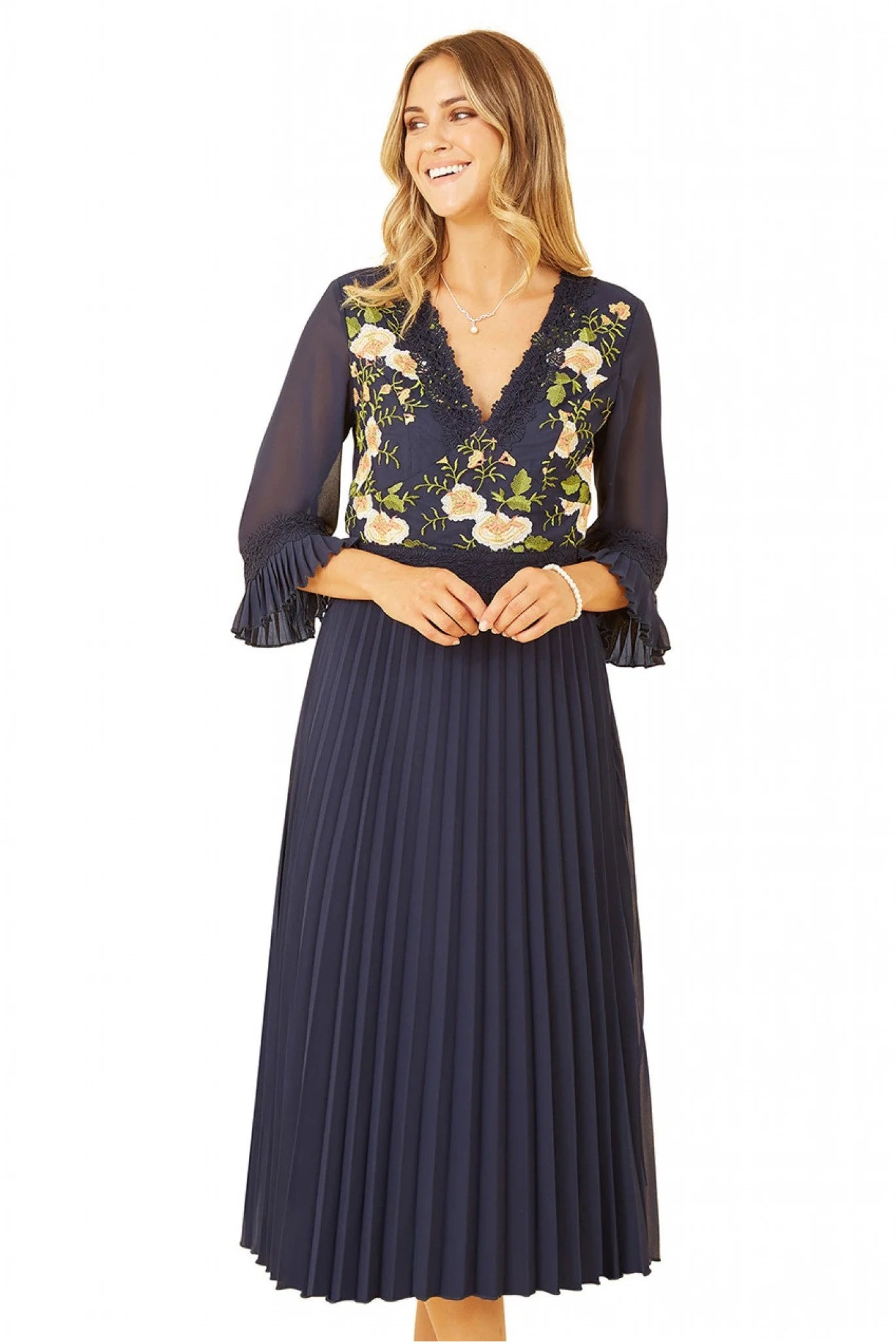 Yumi Navy Embroidered Floral Pleated Midi Dress